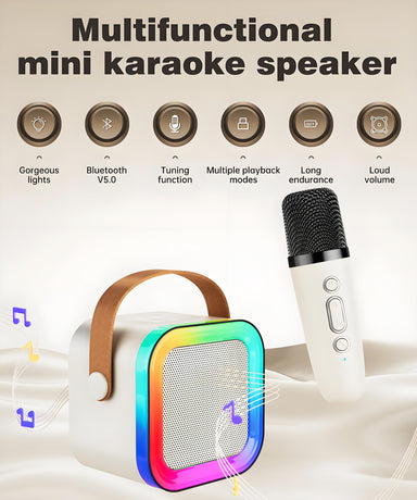 Off-White Mini Karaoke Machine with 2 Wireless Microphones: Portable Bluetooth Speaker for Kids & Adults, Ideal Gift for All Occasions