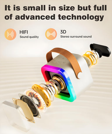 Off-White Mini Karaoke Machine with 2 Wireless Microphones: Portable Bluetooth Speaker for Kids & Adults, Ideal Gift for All Occasions