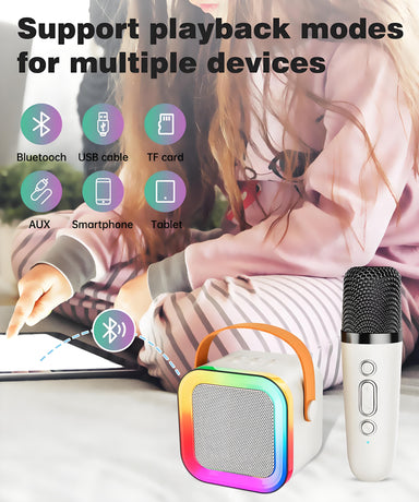Off-White Mini Karaoke Machine with 2 Wireless Microphones: Portable Bluetooth Speaker for Kids & Adults, Ideal Gift for All Occasions