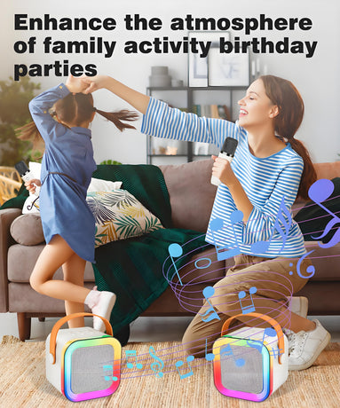 Off-White Mini Karaoke Machine with 2 Wireless Microphones: Portable Bluetooth Speaker for Kids & Adults, Ideal Gift for All Occasions