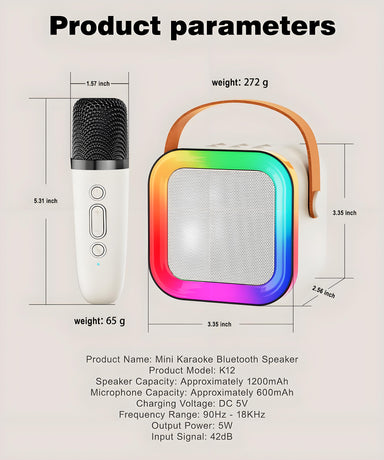 Off-White Mini Karaoke Machine with 2 Wireless Microphones: Portable Bluetooth Speaker for Kids & Adults, Ideal Gift for All Occasions