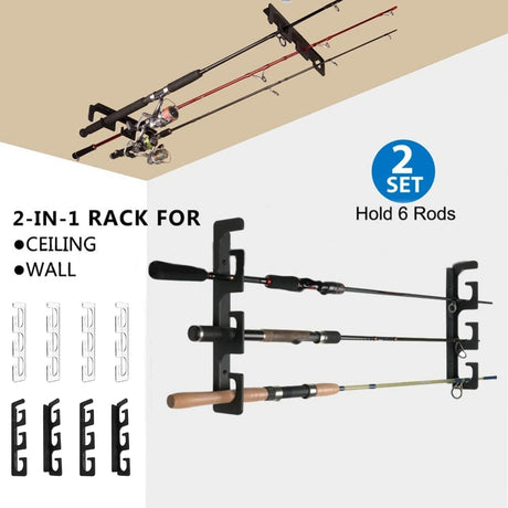 Fishing Rod Holders for Wall and Ceiling, Set of 6, 0.46 Size, Black, Garage Storage
