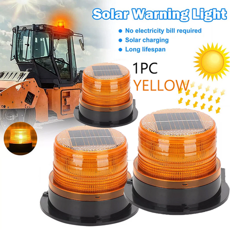 Solar Powered LED Flashing Beacon Light, 12-24V Amber Emergency Magnetic Warning Yellow