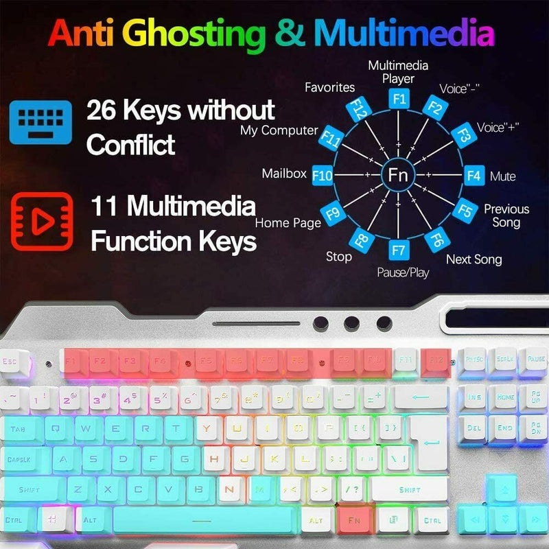 104 Keys Wireless Gaming Keyboard Mouse Set+Mouse Pad, RGB LED Backlit PC/Laptop White-RGB