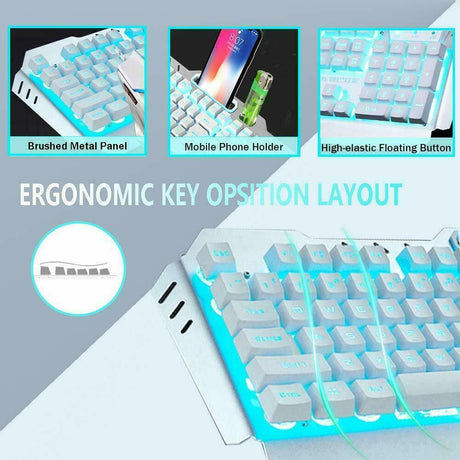 104 Keys Wireless Gaming Keyboard Mouse Set+Mouse Pad, RGB LED Backlit PC/Laptop White-RGB