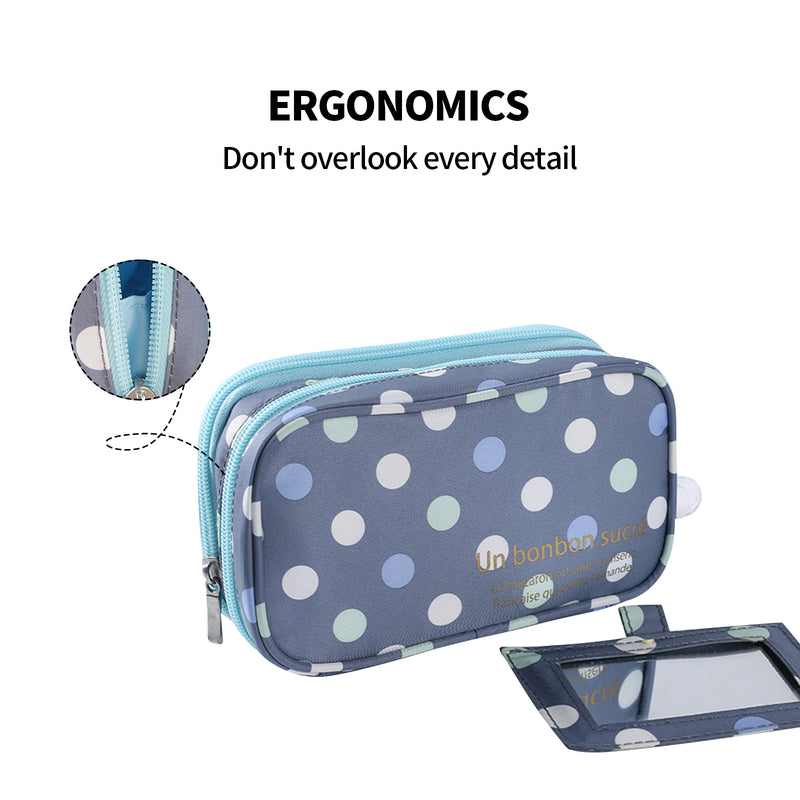 2 Layer Makeup Bag w/ Mirror Travel Cosmetic Bag Organizer Brush Slots Portable