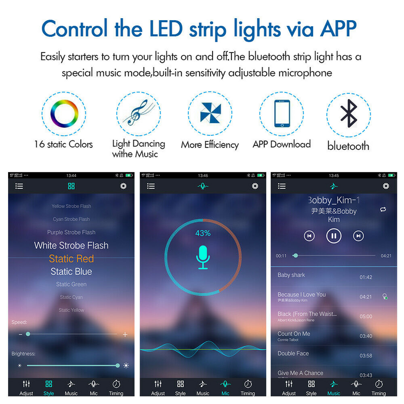 5V RGB LED Strip Lights IP65 Waterproof 5050 5M 10M 20M 300 LEDs USB Bluetooth