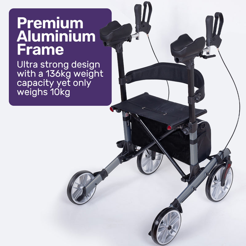EQUIPMED Upright Rollator Walker with Forearm Rest Supports, Mobilty Aid with Seat, Grey