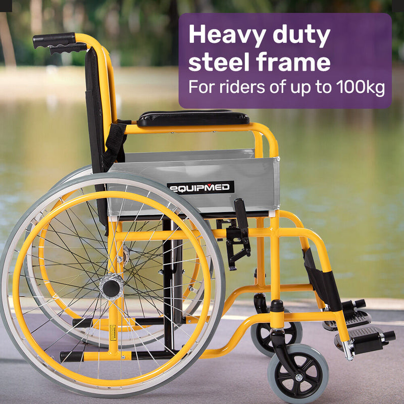 EQUIPMED Kids Paediatric Wheelchair, 100kg Rated, 110-140cm Rider Height, Quick Folding, Adjustable Footrests, 22" Wheels, Yellow