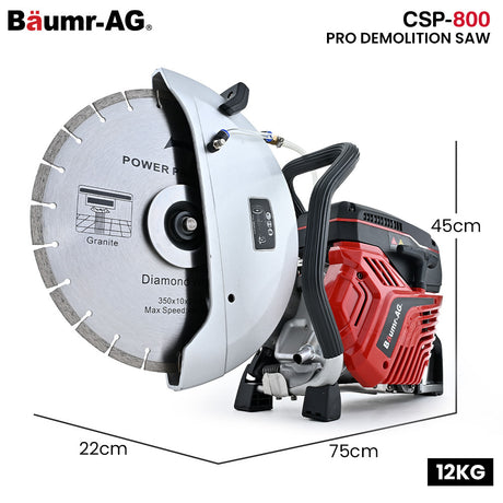 BAUMR-AG 350mm Professional Concrete Demolition Saw 74cc 2-Stroke, Wet and Dry Demo Cutting, 14