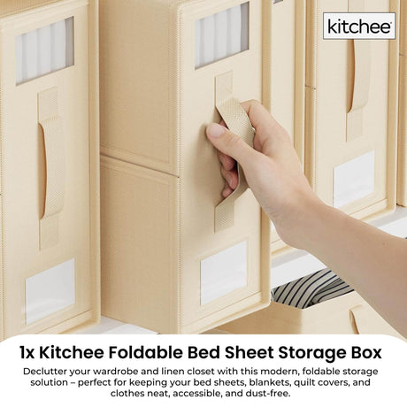1x Kitchee Foldable Bed Sheet Storage Box – Linen & Closet Organiser Beige