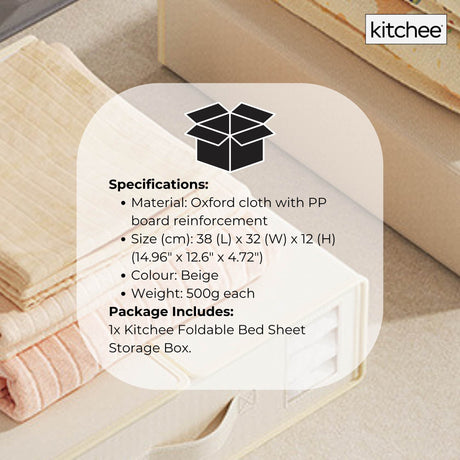 1x Kitchee Foldable Bed Sheet Storage Box – Linen & Closet Organiser Beige