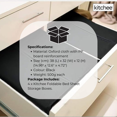 4x Kitchee Foldable Bed Sheet Storage Box – Linen & Closet Organiser Black