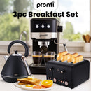 Pronti Breakfast Set with Rose Gold Kettle & Toaster with 1.2L Espresso Machine - Black
