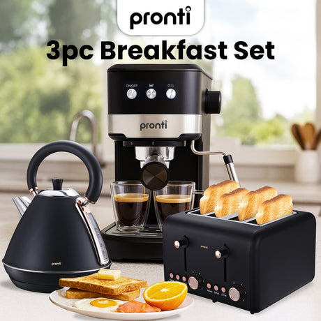 Pronti Breakfast Set with Rose Gold Kettle & Toaster with 1.2L Espresso Machine - Black