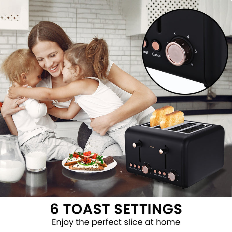 Pronti Breakfast Set with Rose Gold Kettle & Toaster with 1.2L Espresso Machine - Black