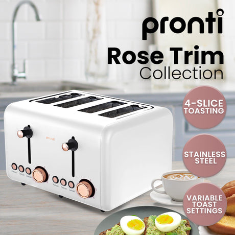 Pronti Breakfast Set with Rose Gold Kettle & Toaster with 1.2L Espresso Machine - White