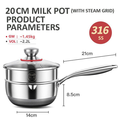 20cm 316L Stainless Steel Saucepan Compound Steel Honeycomb Nonstick Sauce Pan with Glass Lid 2.2L Pot Stay-Cool Handle Multipurpose Milk Saucepan, Induction Capable and Gas Stove