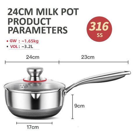 24cm 316L Stainless Steel Saucepan Compound Steel Honeycomb Nonstick Sauce Pan with Glass Lid 3.2L Pot Stay-Cool Handle Multipurpose Milk Saucepan, Induction Capable and Gas Stove