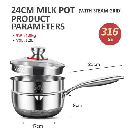 24cm 316L Stainless Steel Saucepan Compound Steel Honeycomb Nonstick Sauce Pan with Glass Lid 3.2L Pot Stay-Cool Handle Multipurpose Milk Saucepan, Induction Capable and Gas Stove