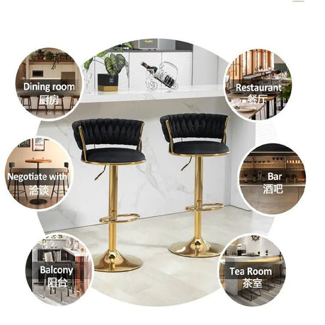 SERENITà Black Velvet Seat Kitchen Breakfast Bar Stools Counter Height Barstools with Back Cushioned Chairs for Home Bar x2