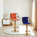 2x Height Velvet Padded Golden Round Base Barstools Chairs with Backrest and Footrest -ORANGE