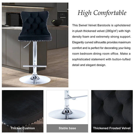 SERENITà Black Velvet Bar Stools Adjustable Swivel Counter Height Chairs with Tufted Back and Nailhead Trim for Kitchen Island Pub Restaurant (2Pcs, Chrome Metal)
