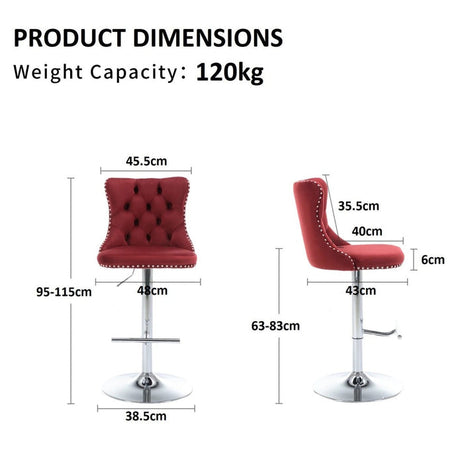 SERENITà Red Velvet Bar Stools Adjustable Swivel Counter Height Chairs with Tufted Back and Nailhead Trim for Kitchen Island Pub Restaurant (2Pcs, Chrome Metal)