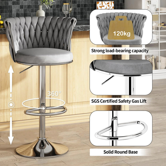 SERENITà Modern Silver Swivel Upholstered Velvet Adjustable Height Counter Stool with Metal Frame Grey (Set of 2)