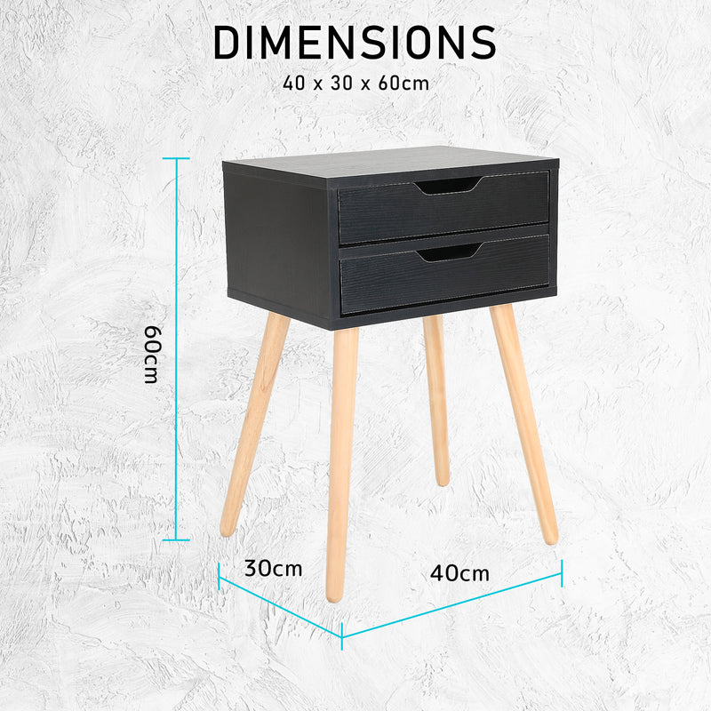 2X Bedside Table 2 Drawer Wood Leg Storage Cabinet Nightstand SUZY BLACK