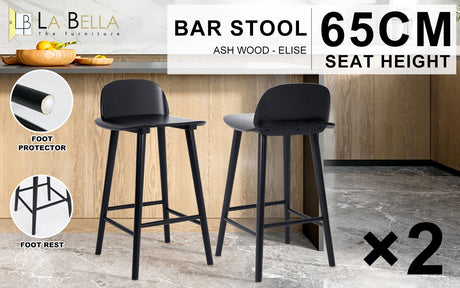 2X Wooden Bar Stool Dining Chair Ash Wood ELISE 65cm BLACK