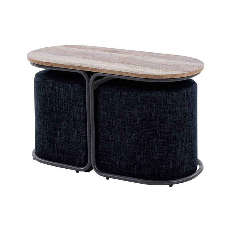 3 Piece Set Coffee Table & Ottoman Wood Side End Table Industrial - Black