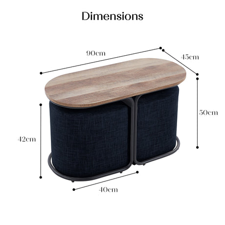 3 Piece Set Coffee Table & Ottoman Wood Side End Table Industrial - Black