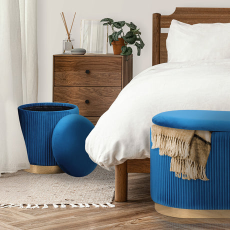 3 Piece Set Storage Ottoman - Blanket Box Velvet Padded Bench Stool FAYE BLUE