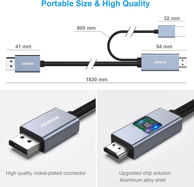 BENFEI 344GY-5M HDMI to DisplayPort Unidirectional 4K Active Cable with USB Powered 5M