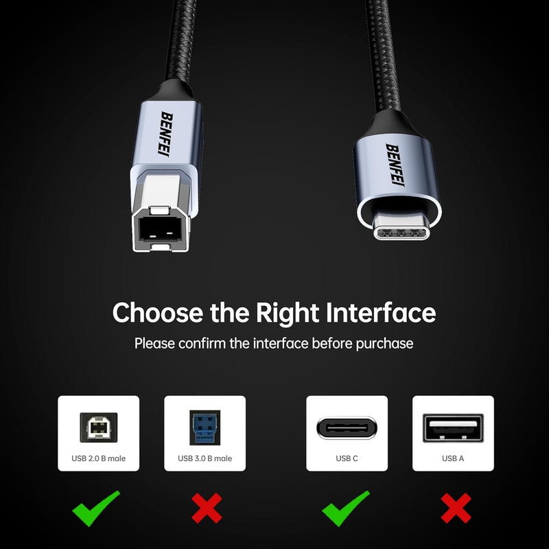 BENFEI 405GY-2M USB B to USB C Printer Cable, Nylon Braided, Premium Aluminium Alloy Case 2M