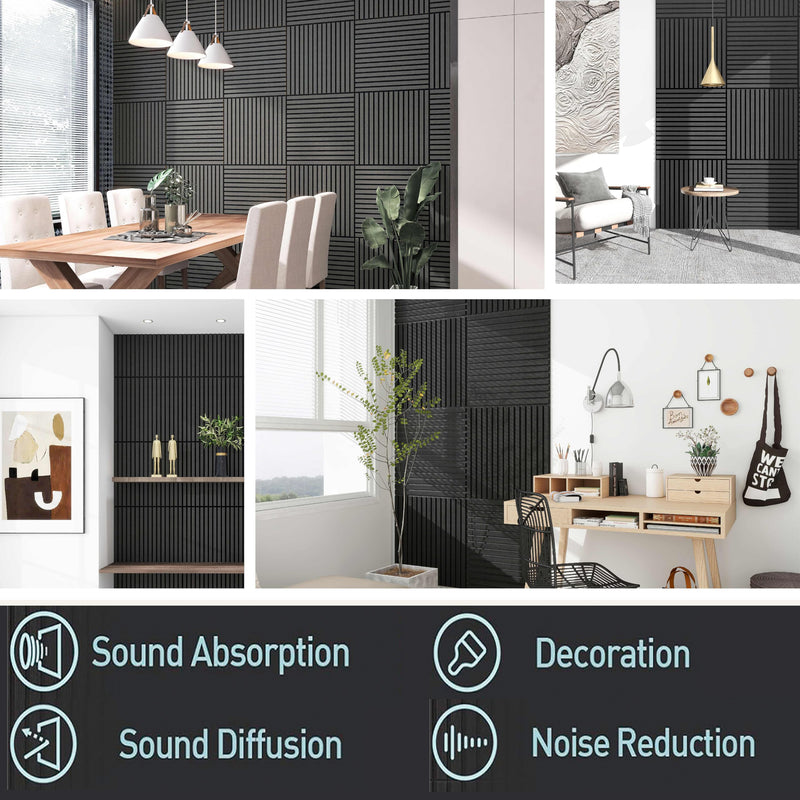 4 Pcs 60cm x 60cm Wall Panel Wood Slat Acoustic Panels Sound Absorbing Proof Panel for Wall Ceiling Decorative Black