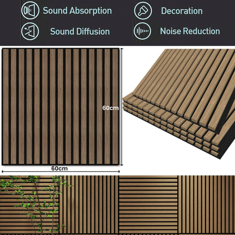 4 Pcs 60cm x 60cm Wall Panel Wood Slat Acoustic Panels Sound Absorbing Proof Panel for Wall Ceiling Decorative Walnut