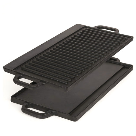 40 cm Reversible Cast Iron Grill & Griddle -Dual-Sided (Flat & Ribbed), Pre-Seasoned, Handles, for Stove-Top & Outdoor Use