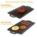 40 cm Reversible Cast Iron Grill & Griddle -Dual-Sided (Flat & Ribbed), Pre-Seasoned, Handles, for Stove-Top & Outdoor Use