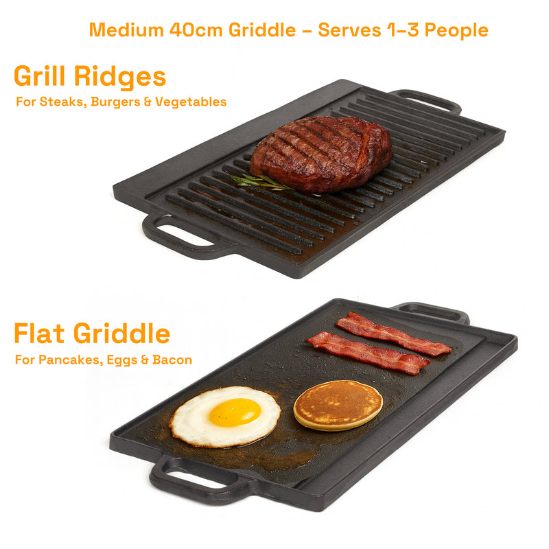 40 cm Reversible Cast Iron Grill & Griddle -Dual-Sided (Flat & Ribbed), Pre-Seasoned, Handles, for Stove-Top & Outdoor Use