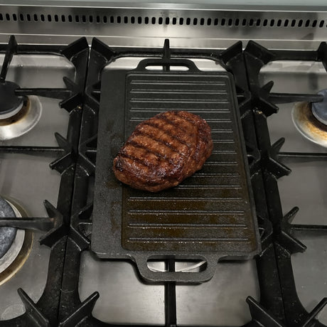 40 cm Reversible Cast Iron Grill & Griddle -Dual-Sided (Flat & Ribbed), Pre-Seasoned, Handles, for Stove-Top & Outdoor Use