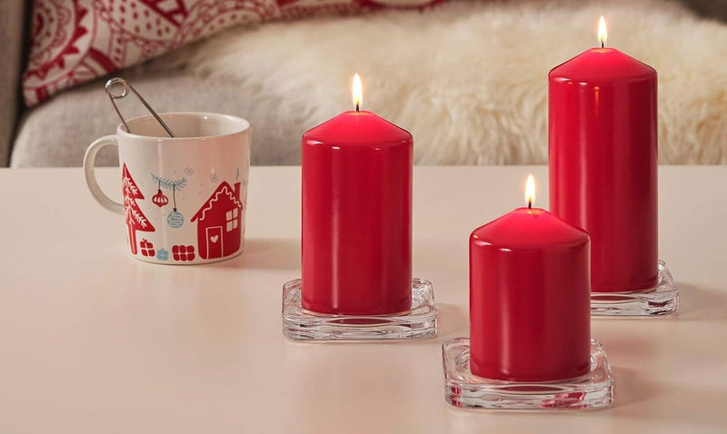 4 Pack Red Wax Pillar Advent Candles Xmas Wedding Party Table Room Centrepiece Decor Graduated sized 6 to 15cm High