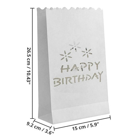 50 Pack White Happy Birthday Luminary Paper Candle Tea Light Lantern Bags Garden Anniversary Birthday Night Decorations Evening Party