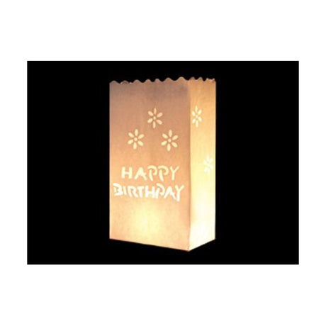 50 Pack White Happy Birthday Luminary Paper Candle Tea Light Lantern Bags Garden Anniversary Birthday Night Decorations Evening Party