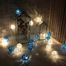 1 Set of Blue n White 5cm Rattan Cane 20 Ball Battery Powered 3m String Lights Christmas Gift Home Wedding Party Bedroom Decoration Table Centrepiece