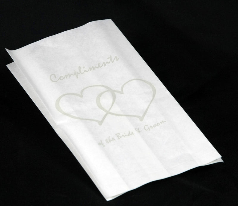 100 Pack Wedding Cake Bags Greaseproof Wax Paper Slice Take Home Favour Silver Heart n Message