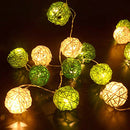 1 Set of Green n White 5cm Rattan Cane 20 Ball Battery Powered 3m String Lights Christmas Gift Home Wedding Party Bedroom Decoration Table Centrepiece