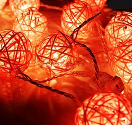 1 Set of Orange 5cm Rattan Cane 20 Ball Battery Powered 3m String Lights Christmas Gift Home Wedding Party Bedroom Decoration Table Centrepiece