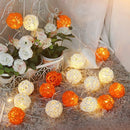 1 Set of Orange n White 5cm Rattan Cane 20 Ball Battery Powered 3m String Lights Christmas Gift Home Wedding Party Bedroom Decoration Table Centrepiece